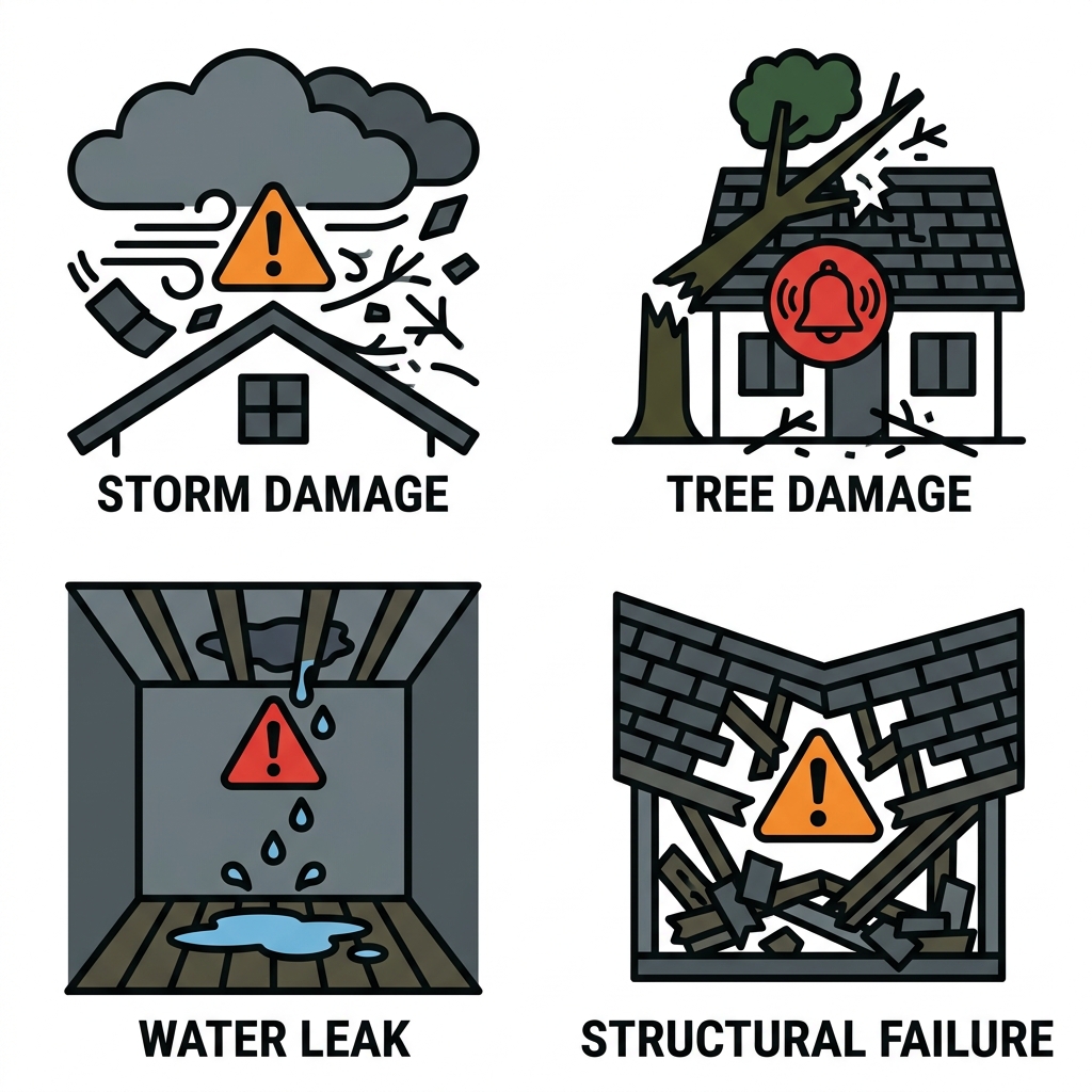 Four icon grid showing storm damage with debris and wind, fallen tree limb, active water leak, and structural collapse, representing roofing emergency services handled by Triumph Roofing.