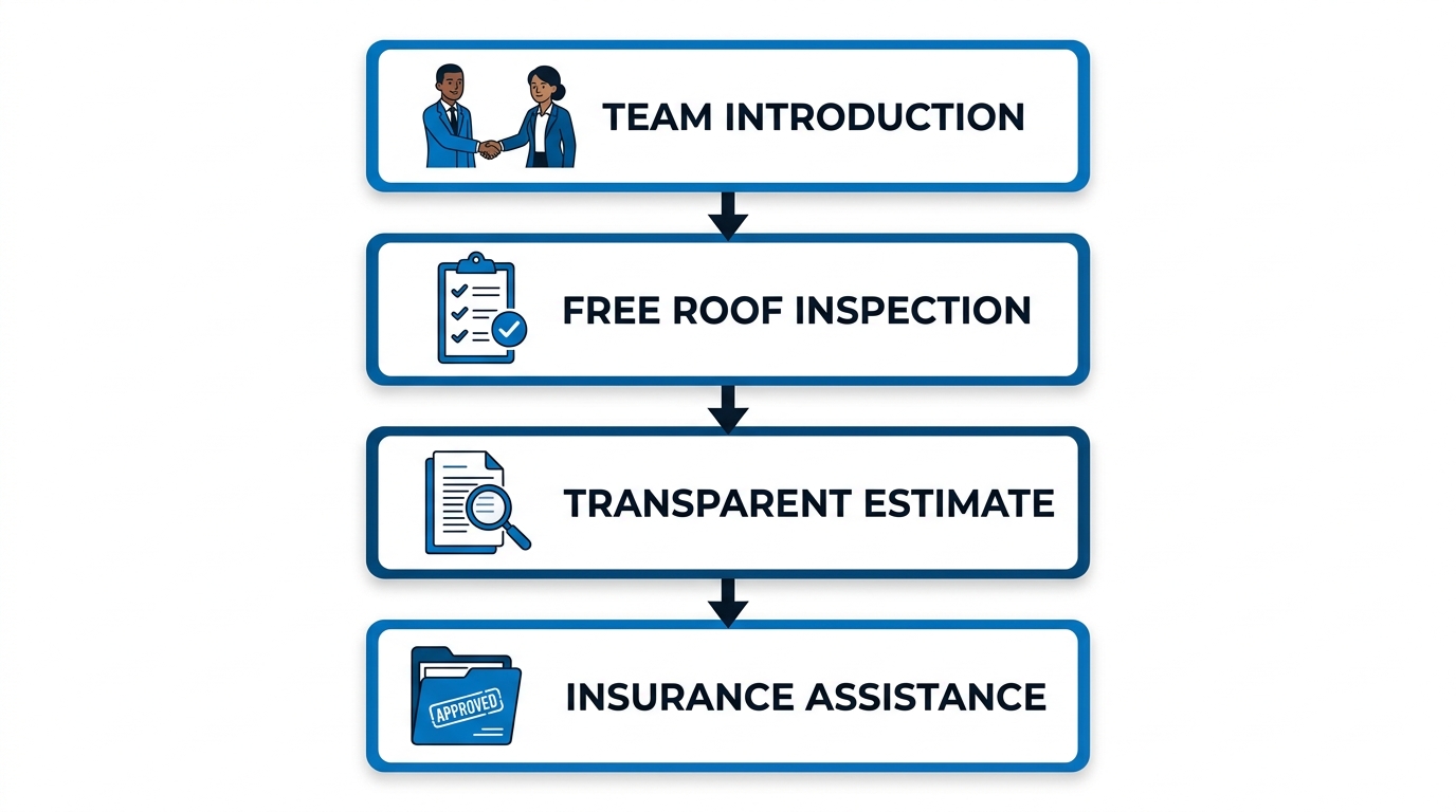 Four-step vertical process flow diagram illustrating Triumph Roofing's service steps: team introduction, free roof inspection, transparent estimate, and insurance documentation assistance, connected by downward arrows.