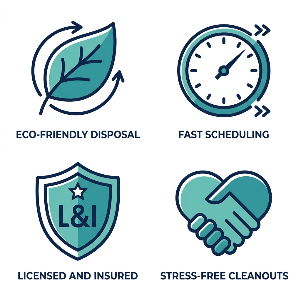 Grid of four icons representing benefits of professional junk removal: eco-friendly disposal, fast scheduling, licensed and insured, stress-free cleanouts.