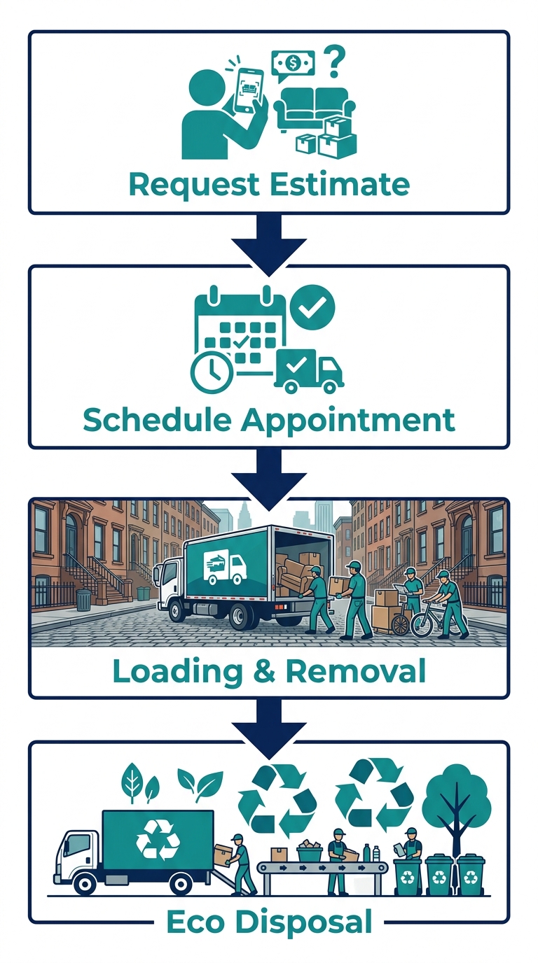 Vertical process flow diagram illustrating four steps of junk removal in Manhattan: Request Estimate, Schedule Appointment, Loading & Removal, and Eco Disposal, with icons and downward arrows in teal and navy blue on a white background.