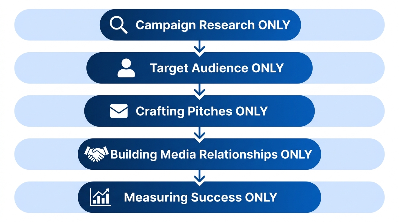 Five-stage vertical process flow diagram illustrating a digital PR campaign: research, target audience identification, pitch crafting, building media relationships, and measuring success, using blue gradient rounded rectangles and white icons.