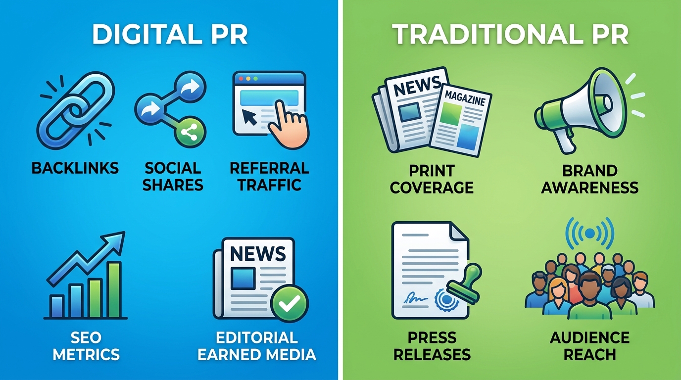 Side-by-side comparison infographic contrasting Digital PR consulting with Traditional PR agencies: left panel shows digital metrics icons (backlinks, social shares, referral traffic, SEO, editorial media) in blue, right panel shows traditional media icons (print, brand awareness, press releases, audience) in green, with minimal labels.