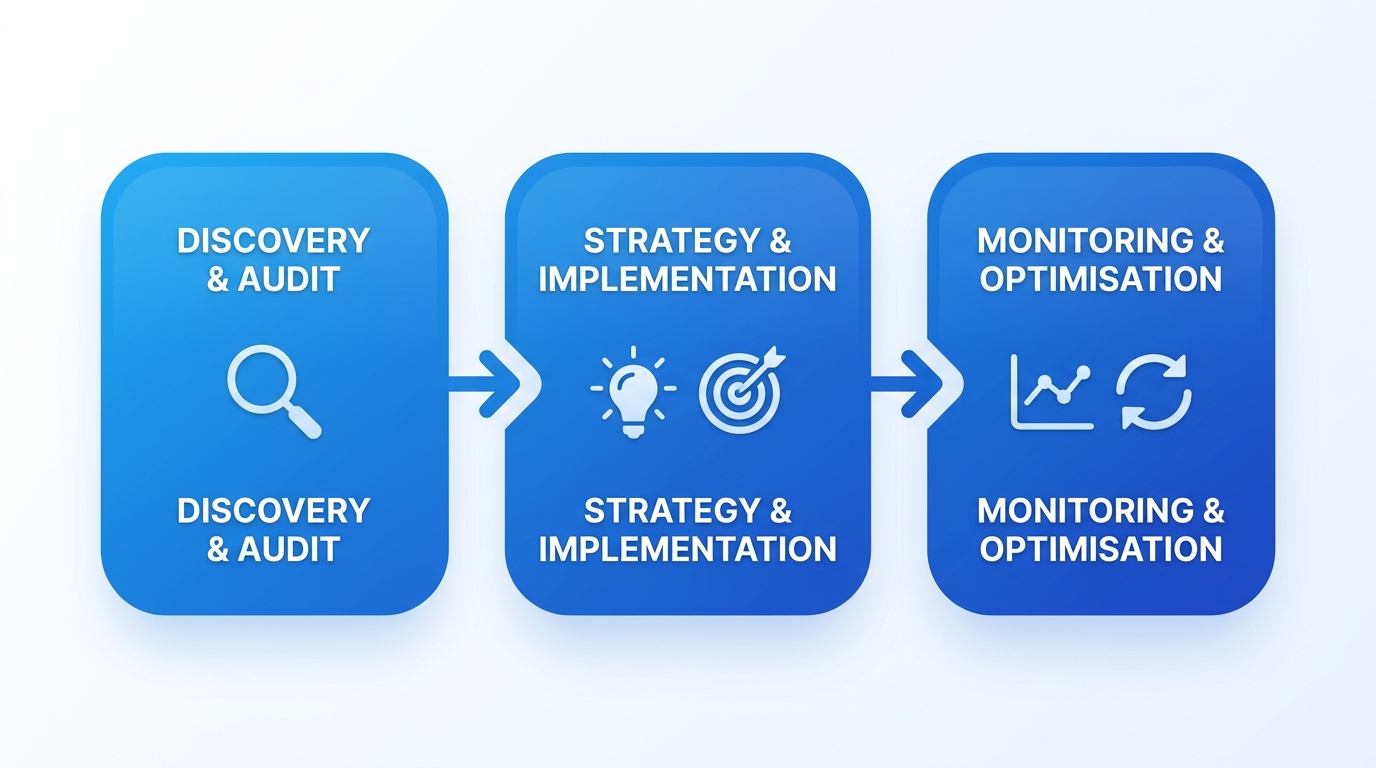 SEO Consultant 2 Horizontal process flow with three stages of SEO consulting: Discovery and Audit stage with magnifying glass icon, Strategy and Implementation stage with lightbulb and target icons, Monitoring and Optimisation stage with line graph and refresh arrows, connected by arrows on gradient blue rounded cards.