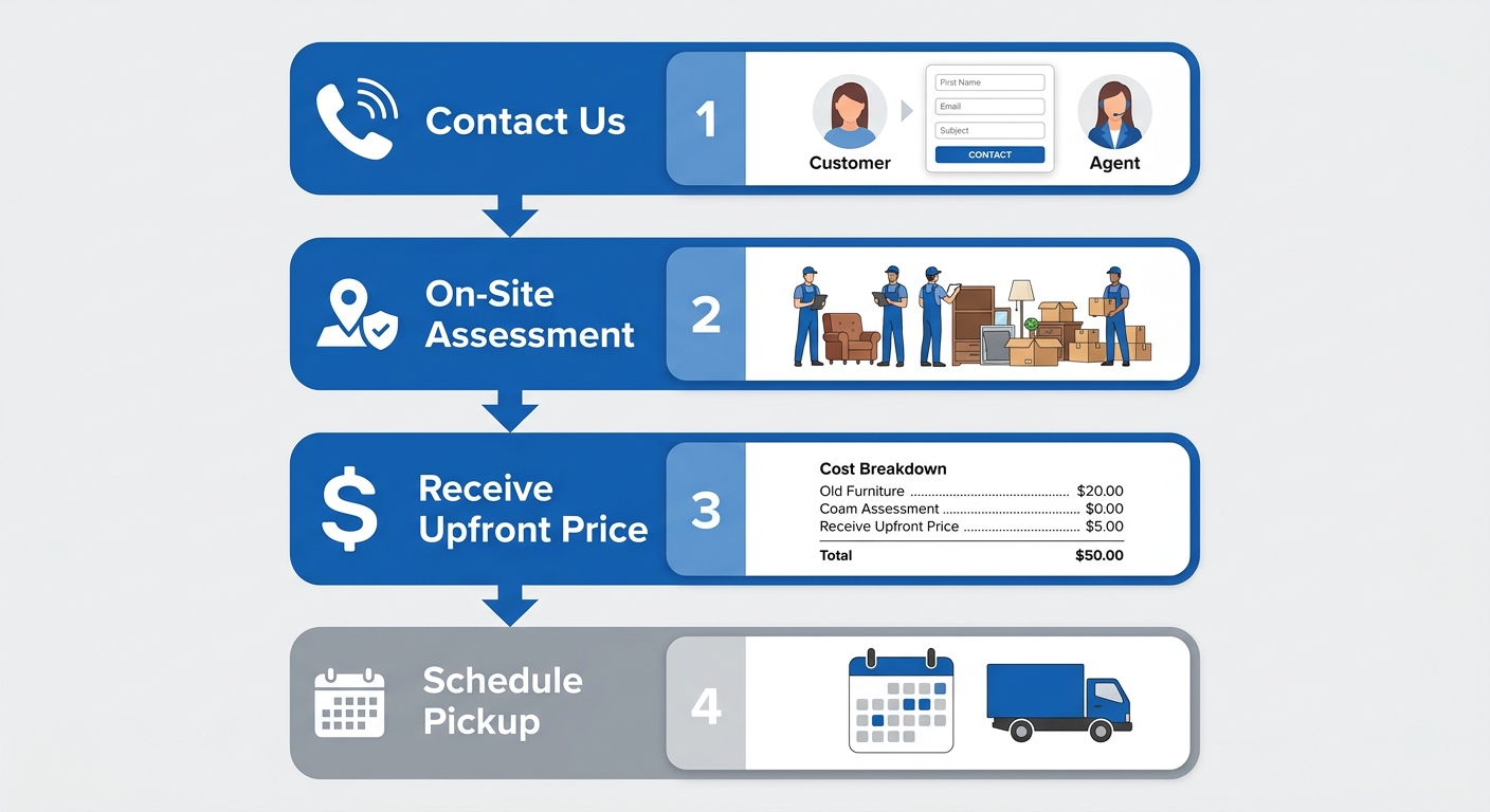 Four-step vertical process flow for Manhattan junk removal estimate: Contact Us, On-Site Assessment, Receive Upfront Price, Schedule Pickup, with blue and white color scheme.