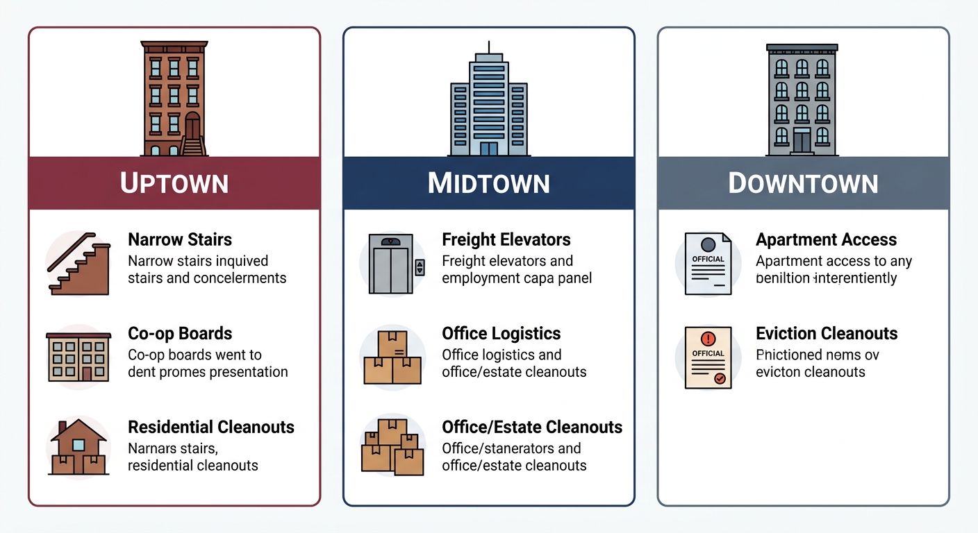 Three-column infographic comparing junk removal challenges in Uptown, Midtown, and Downtown Manhattan, featuring building icons and service recommendations for each neighborhood.