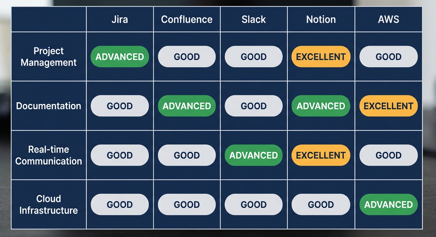 Tool comparison matrix infographic for software development tools: Jira, Confluence, Slack, Notion, AWS evaluated across project management, documentation, real-time communication, and cloud infrastructure.