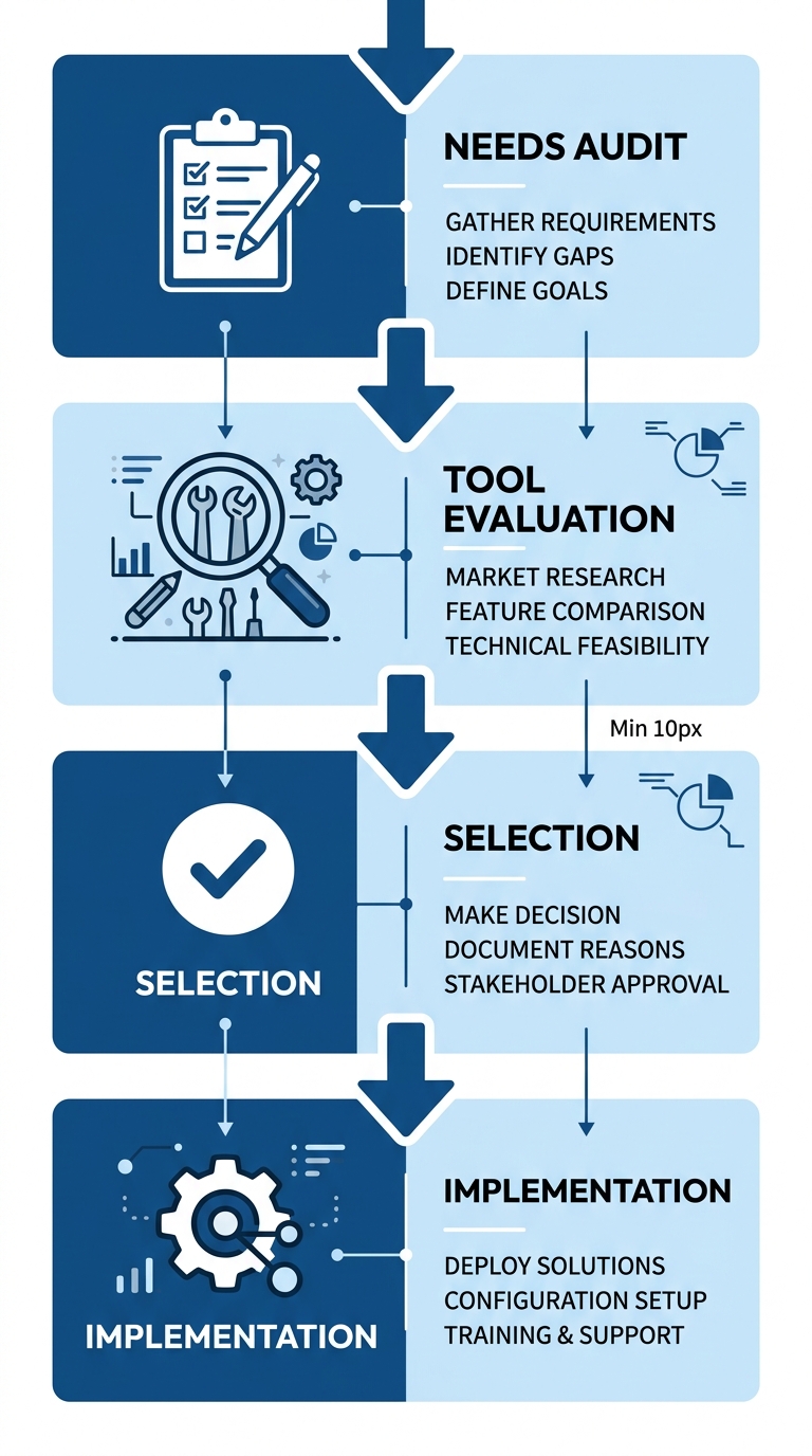 Vertical process flow with four stages for tool selection: Needs Audit, Tool Evaluation, Selection, and Implementation, connected by downward arrows on light blue cards with deep blue accents.