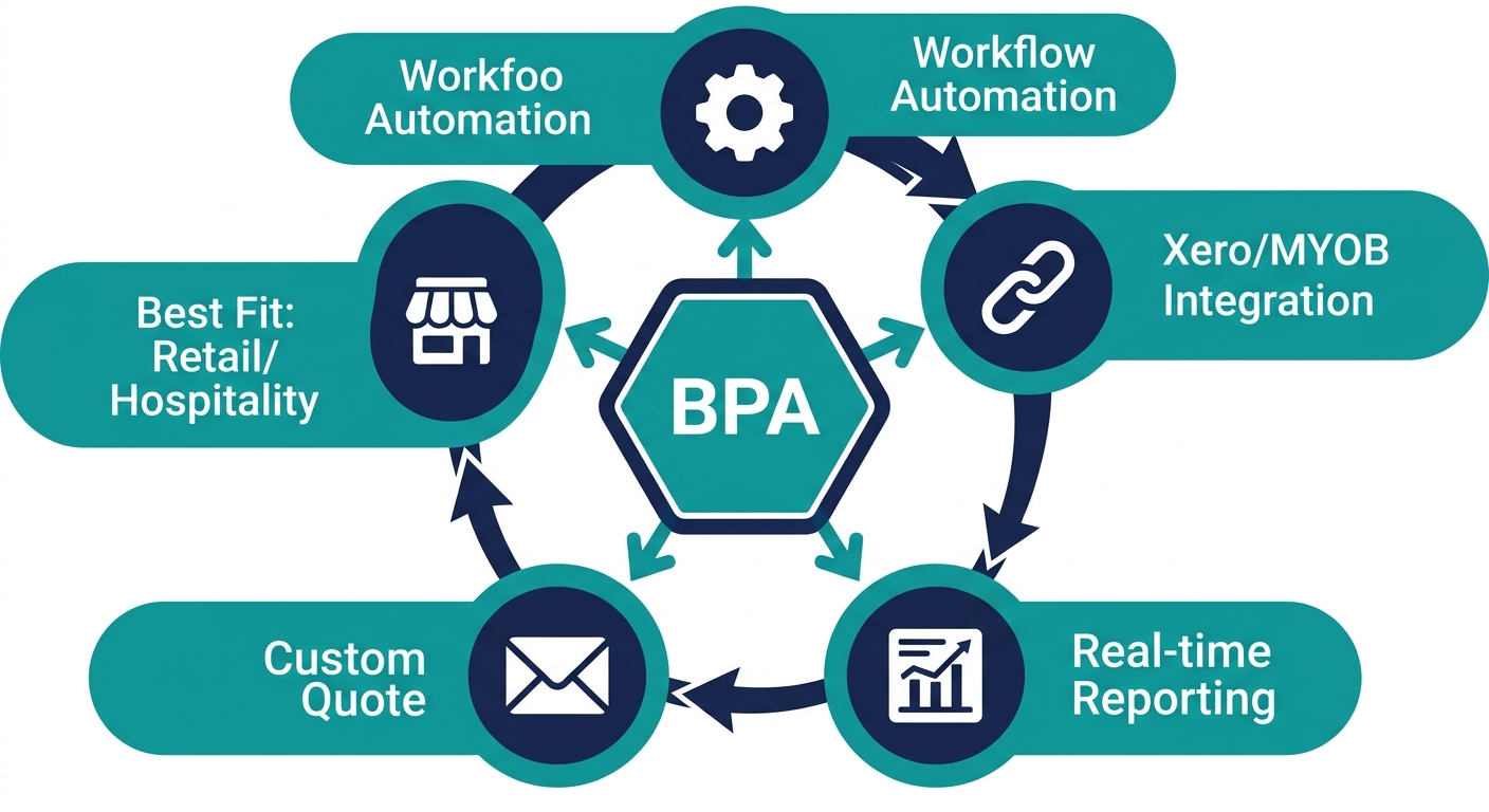 Digital Transformation Consultant 2 Infographic illustrating Business Process Automation solutions: central hexagon labeled BPA surrounded by five connected nodes for Workflow Automation, Xero/MYOB Integration, Real-time Reporting, Custom Quote, and Best Fit for Retail/Hospitality, with teal and navy color scheme.