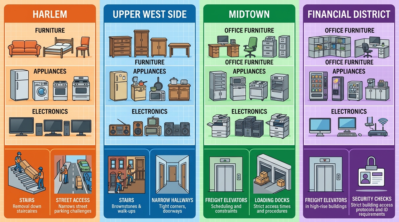 Four-panel infographic comparing junk removal in Harlem, Upper West Side, Midtown, and Financial District with icons for items and access challenges.