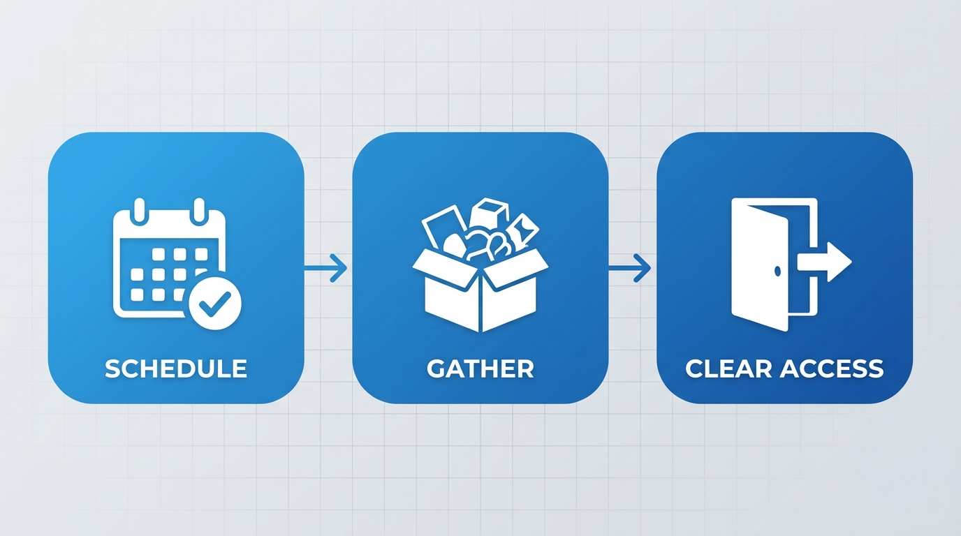 Horizontal process diagram with three steps for Manhattan junk removal appointment: Schedule, Gather, and Clear Access, using blue gradient cards with white icons on a subtle grid background.