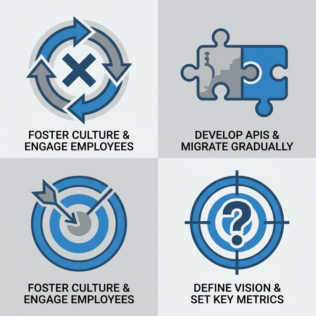 Three flat-design icons on a corporate blue and grey grid representing common technology strategy consulting challenges: resistance to change with circular arrows and an X, legacy system integration with a puzzle piece, and unclear objectives with a target and question mark, each accompanied by a short remedy line.