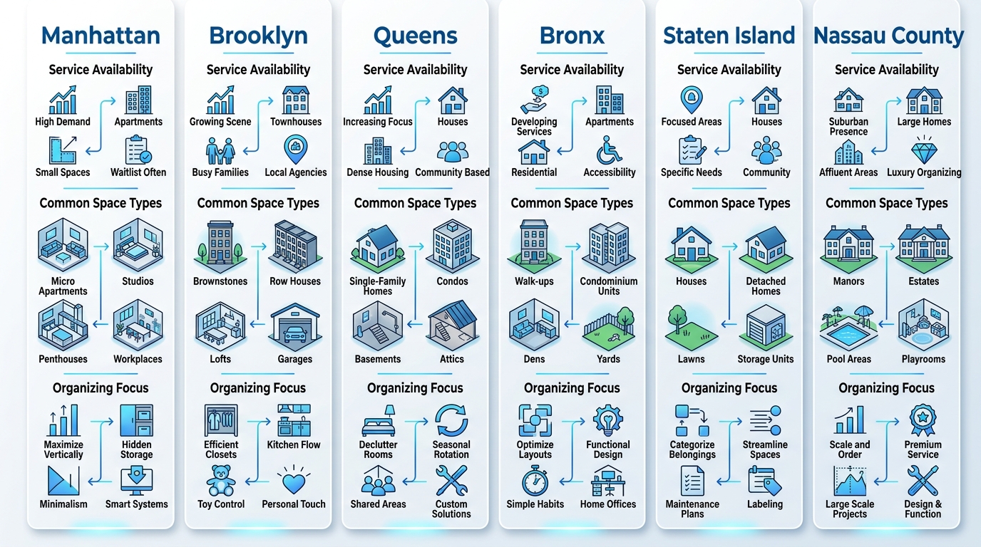 Six-column infographic comparing clutter organizing services across Manhattan, Brooklyn, Queens, Bronx, Staten Island, and Nassau County, with blue and white design and service availability indicators.