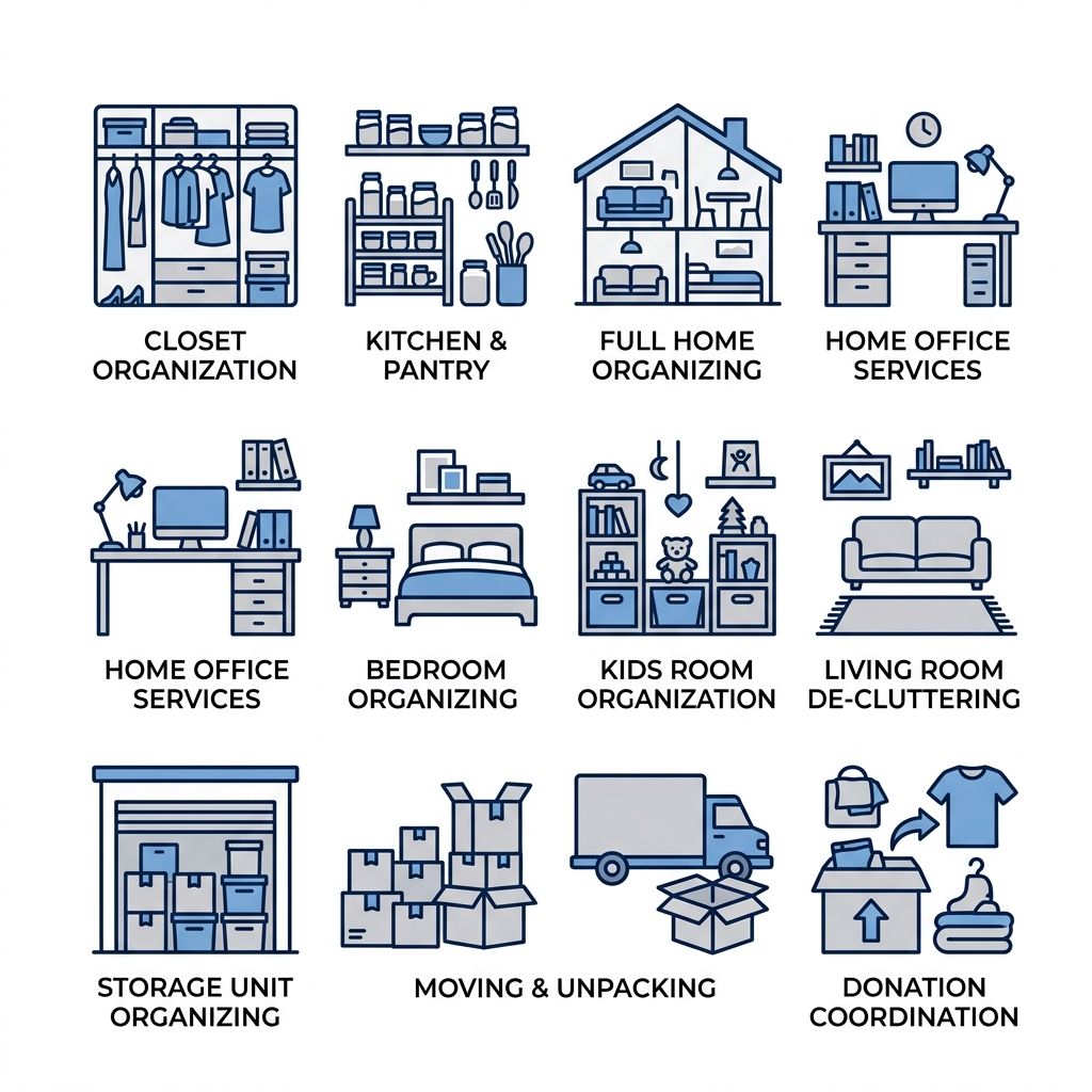 Grid of 10 minimalist icons for clutter organizing services including closet, kitchen, full home, home office, bedroom, kids' room, living room, storage, moving, and donation coordination, with labels under each icon.
