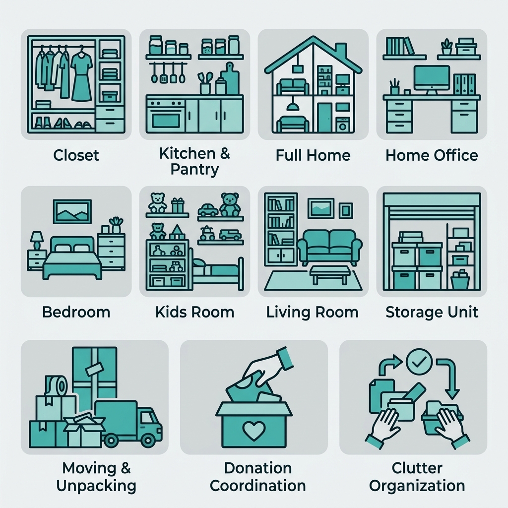 Grid of outlined icons representing closet, kitchen and pantry, whole-home, home office, bedroom, kids room, living room, storage unit, moving and unpacking, donation coordination, and general clutter organization services by Clutter Organizer NYC.
