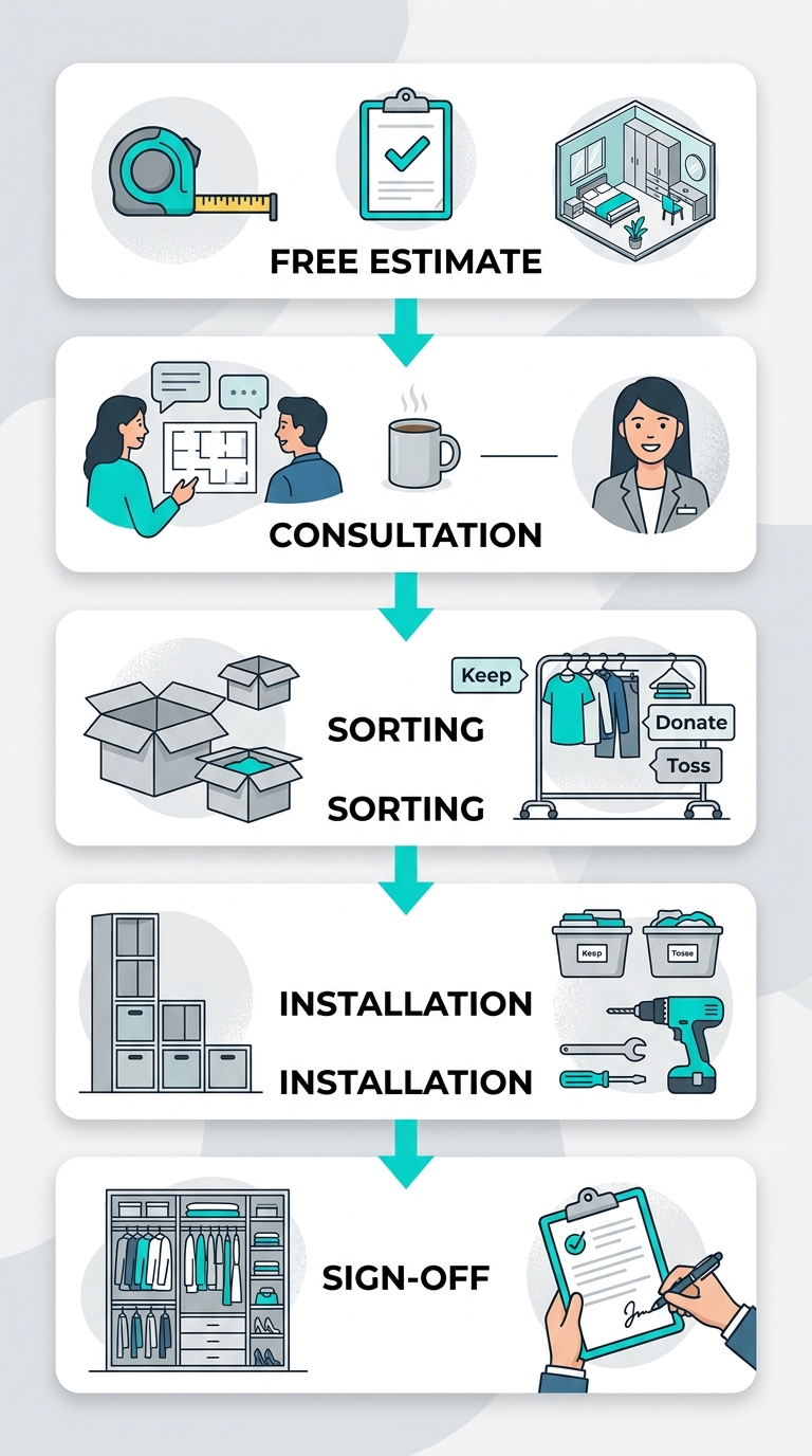 Vertical process-flow diagram showing five steps of Clutter Organizer's home organizing service: Free In-Home Estimate, Personalized Consultation, Hands-On Sorting & Decluttering, Systems Installation, and Client Sign-Off, connected by teal arrows on a light gray background with a subtle NYC skyline watermark.