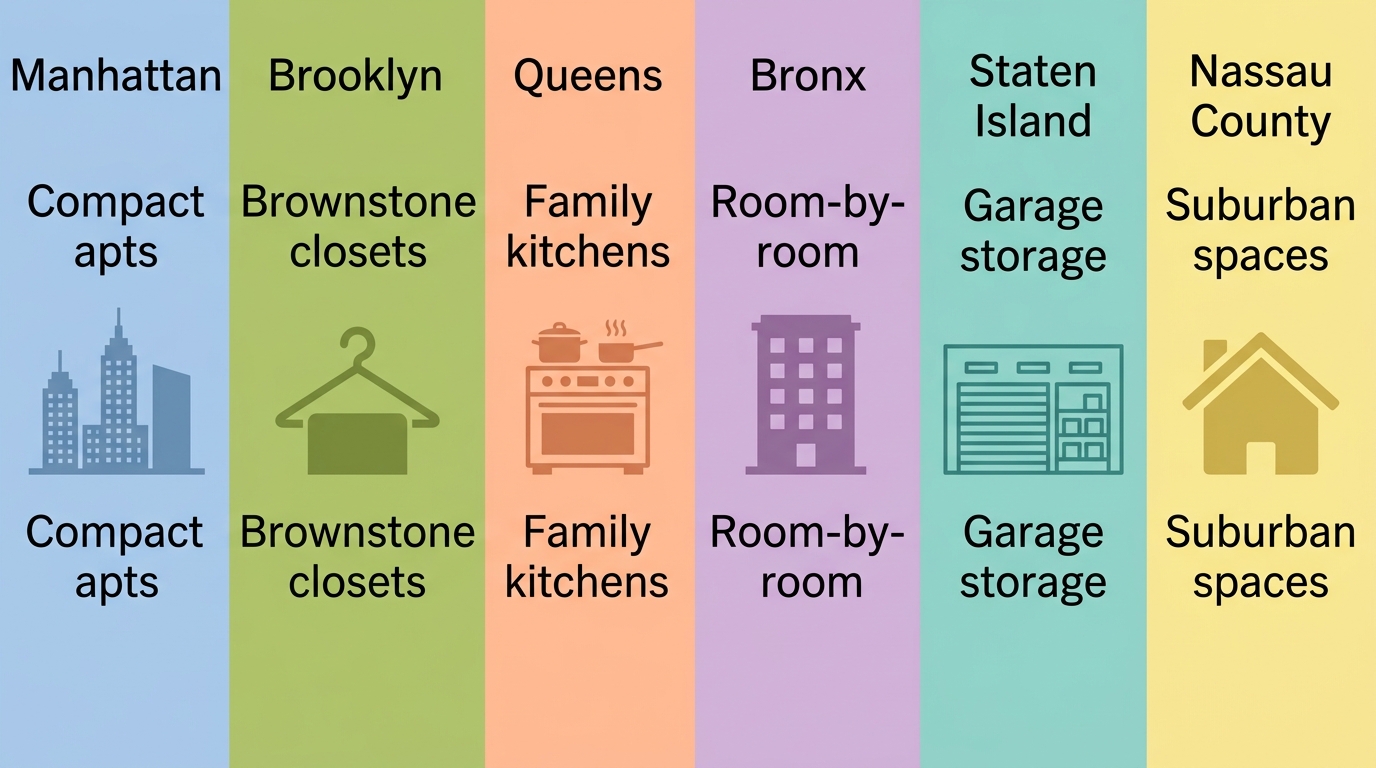 Infographic showing six colored blocks representing Manhattan, Brooklyn, Queens, Bronx, Staten Island, and Nassau County with short labels.
