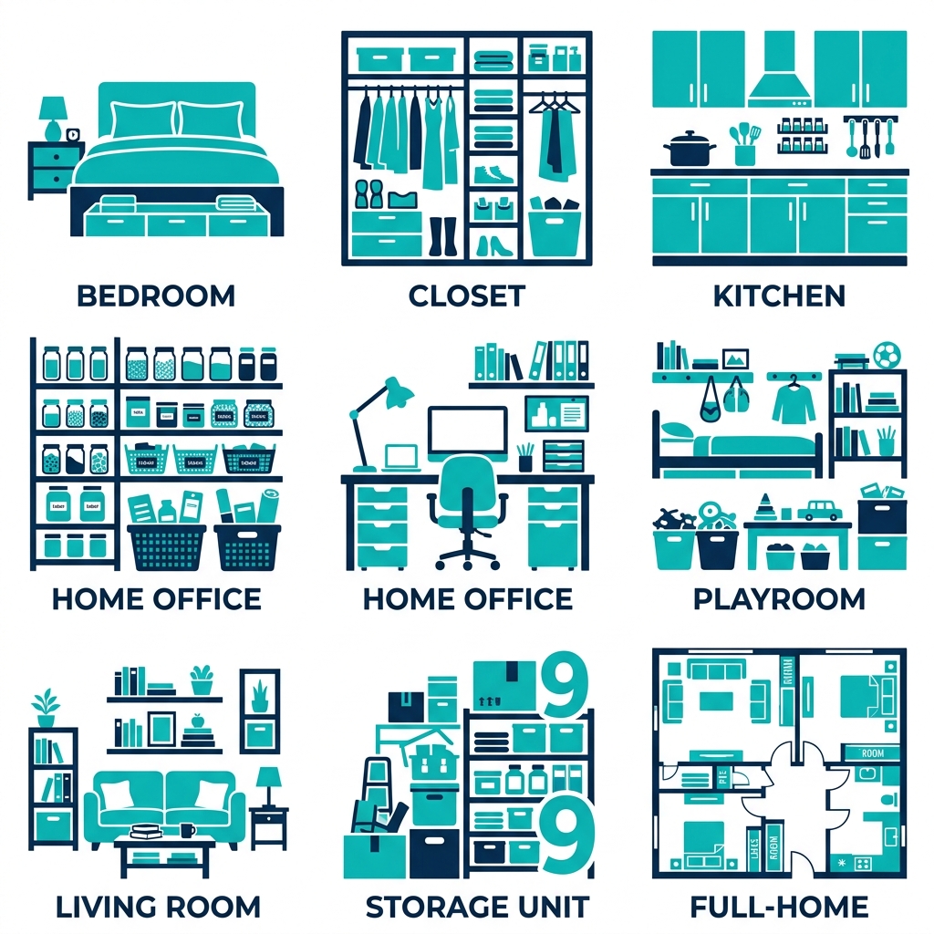 Grid of 10 flat icons representing organizing solutions for NYC spaces.