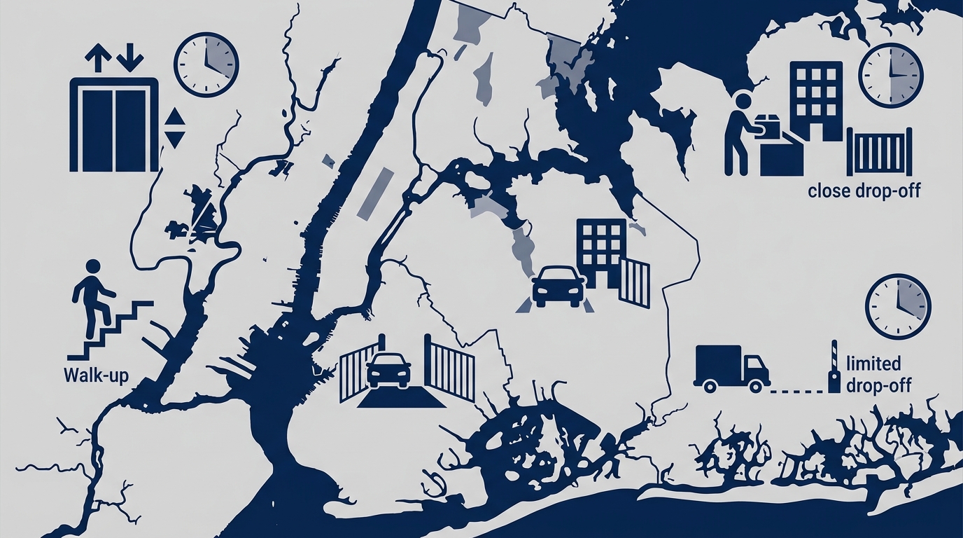 Stylized infographic map of New York City's five boroughs and Nassau County with icons for access challenges and donation drop-off accessibility, using a blue and gray color palette.