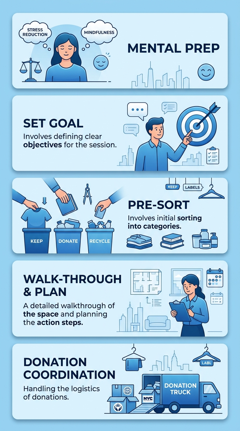 Vertical process flow diagram showing five steps for preparing a home for a professional clutter organizer session: mental prep, set a goal, pre-sort, walk-through and plan, donation coordination. Blue-toned rounded rectangles connected by arrows on a clean background.