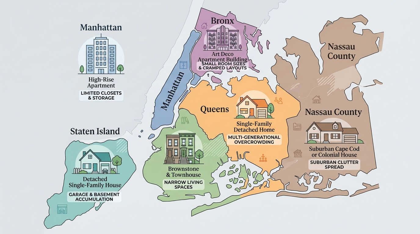 Color-coded map infographic of six New York City boroughs showing typical home types and common decluttering challenges, with icons for apartments, brownstones, and houses and short labels for space issues like tiny closets and basements.