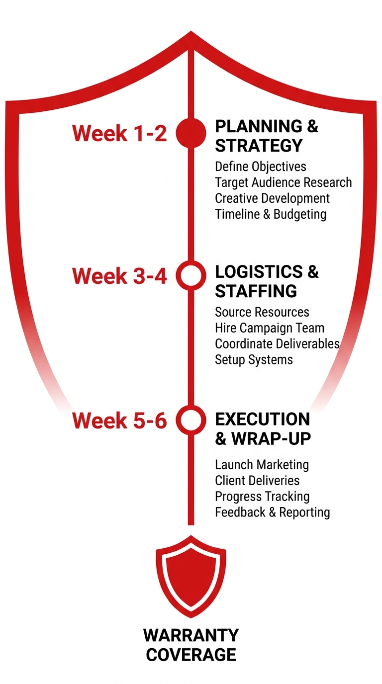 Vertical timeline infographic depicting a three-phase campaign journey from planning to execution with Canadian red and white accents, including a warranty shield icon at the bottom for Reef Agency.