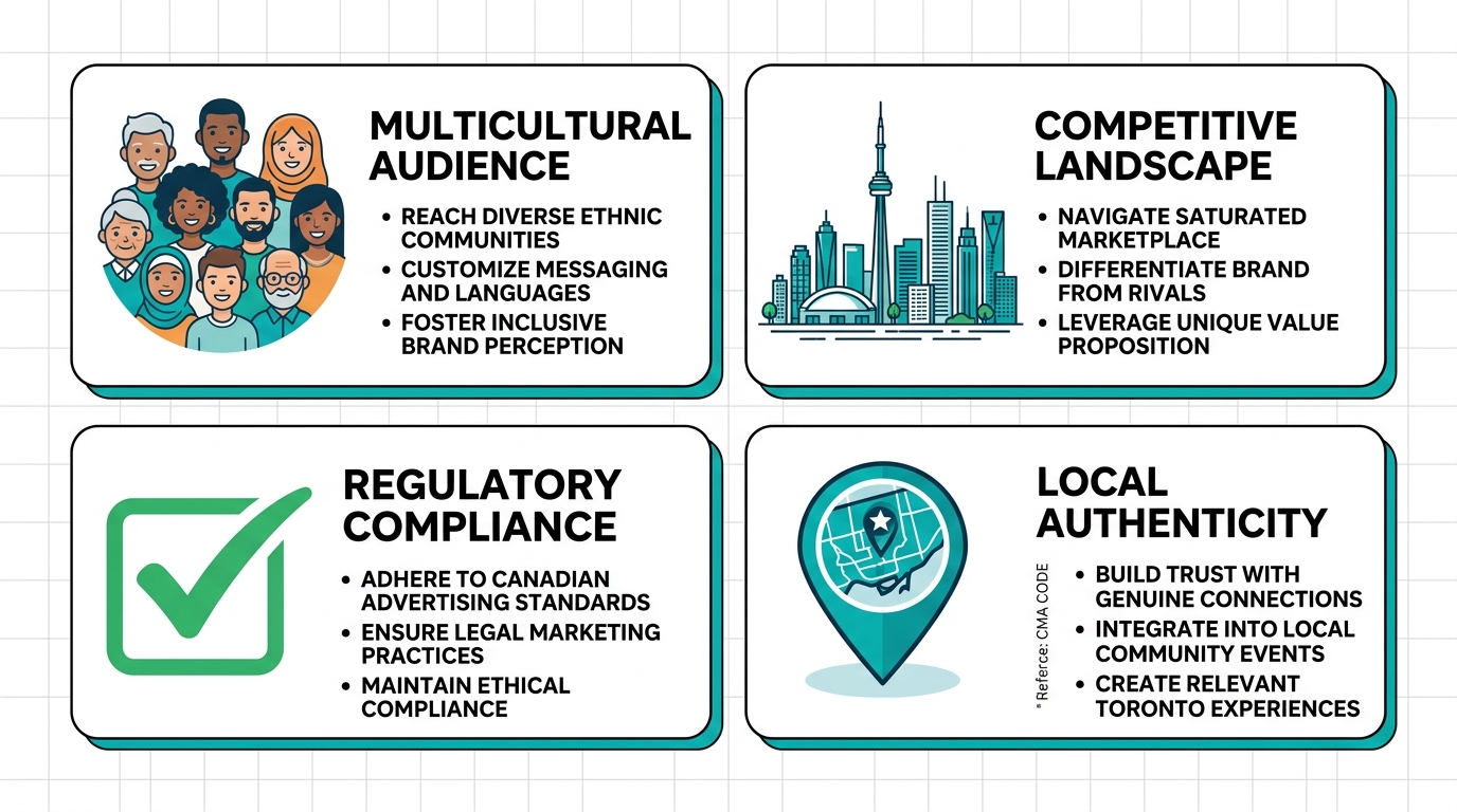 Infographic with four blocks: multicultural audience icon, city skyline, checkmark with CMA Code, and map pin on Toronto, each with bullet points on a white grid background with teal accents.
