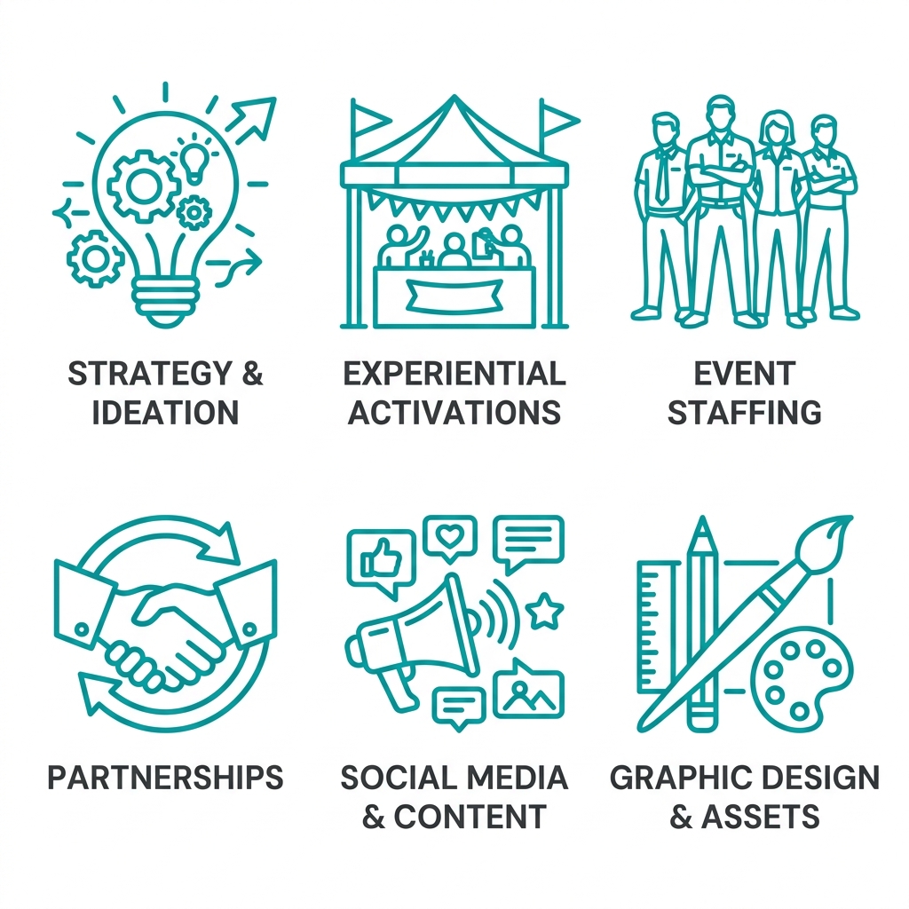 Grid of six teal outline icons showing Strategy and Ideation, Experiential Activations, Event Staffing, Partnerships, Social Media and Content, and Graphic Design and Assets, each labeled in dark grey text on a white background.