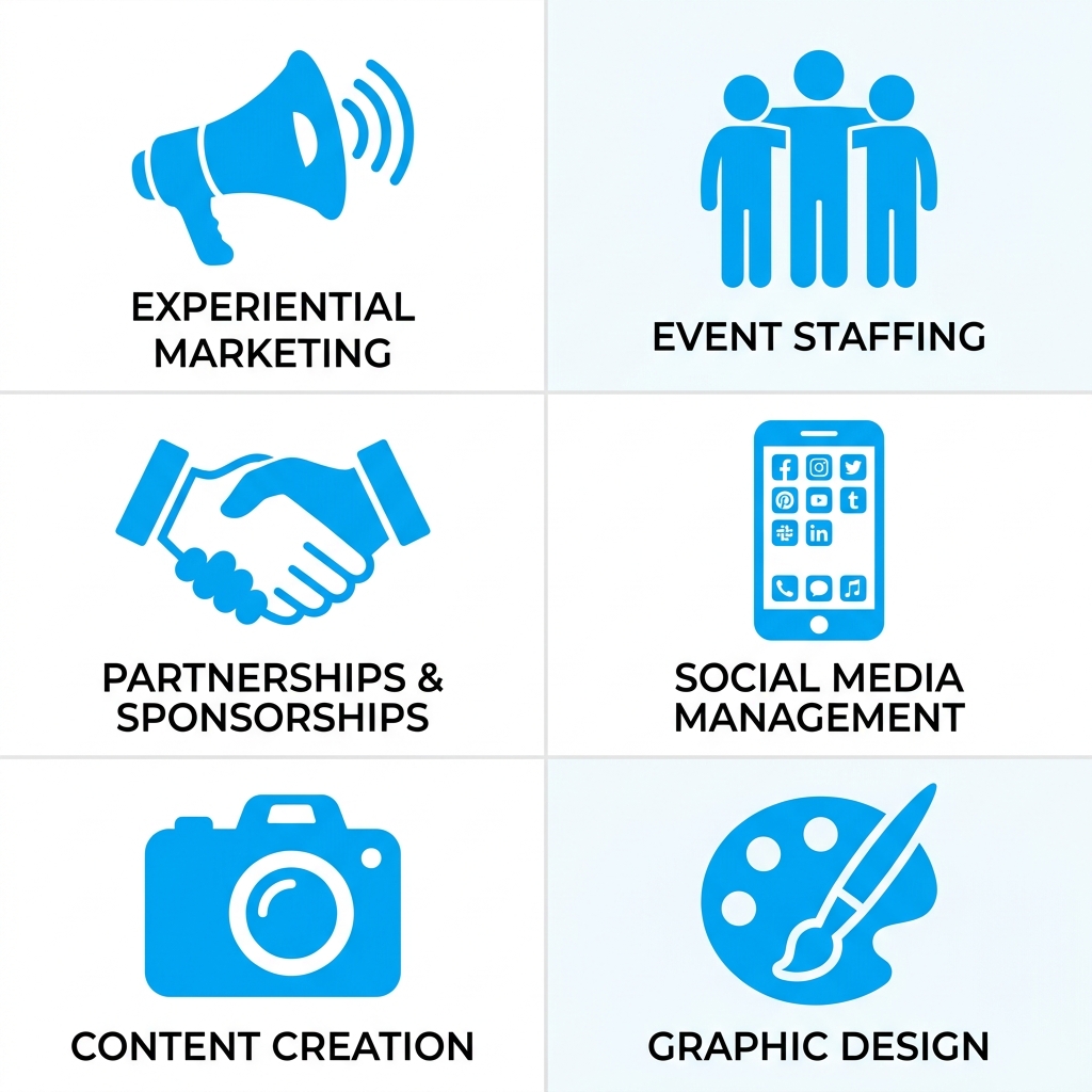 Six icons arranged in a two by three grid representing Reef Agency's full-service capabilities: experiential marketing, event staffing, partnerships and sponsorships, social media management, content creation, and graphic design.