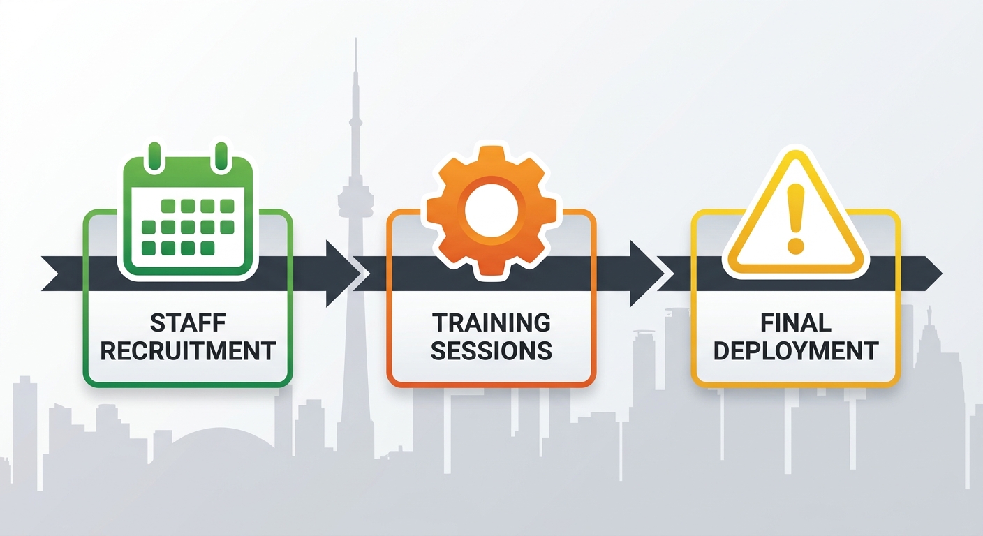 Horizontally arranged booking timeline with three milestones: green calendar for Standard Bookings, orange gear for Complex Events, and yellow warning for Peak Season against a subtle Toronto skyline backdrop, representing Reef Agency event staffing timelines.