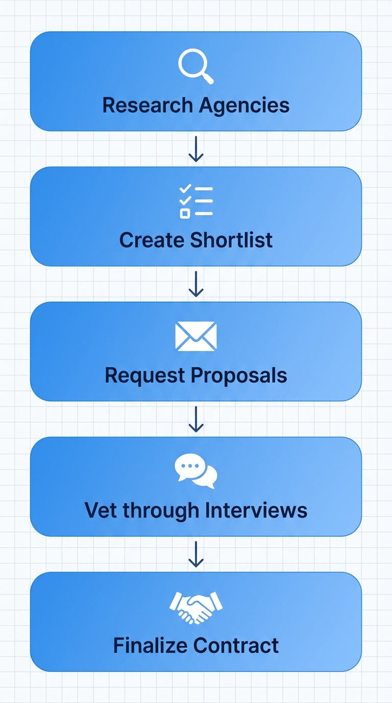 Vertical process flow diagram showing five steps for hiring an event agency in Toronto: Research agencies, Create shortlist, Request proposals, Vet through interviews, and Finalize contract. Rounded rectangles in blue gradient with white icons and dark blue text, connected by downward arrows on a subtle grid background.