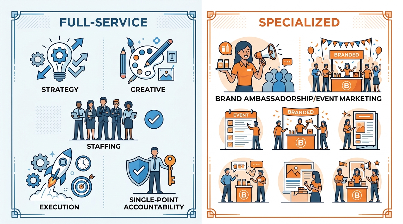 Two-column comparison infographic of full-service versus specialized brand agencies, with blue icons for full-service and orange icons for specialized, no text title.
