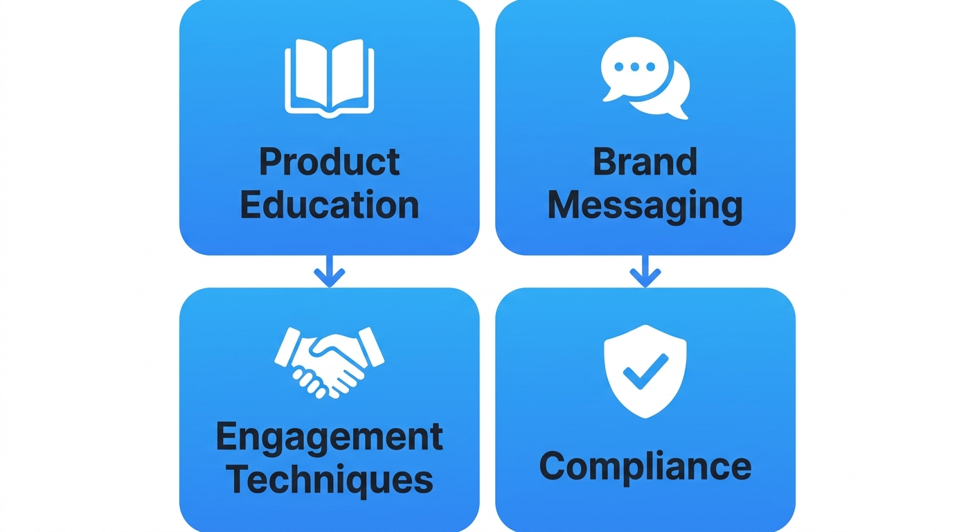 Vertical process flow diagram illustrating four brand ambassador training steps: Product Education, Brand Messaging, Engagement Techniques, and Compliance, each with distinct icons connected by downward arrows.