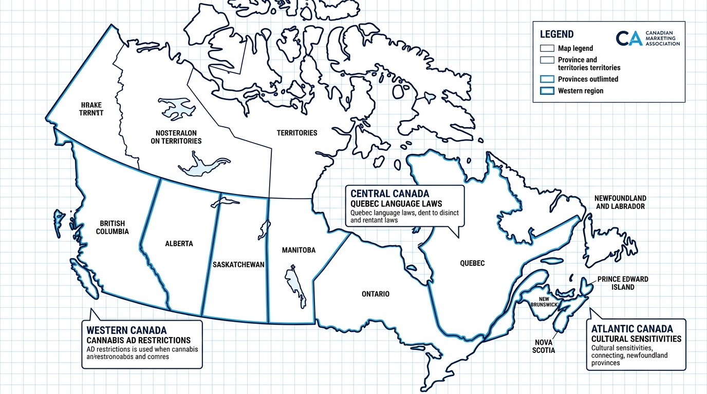 Infographic map of Canada highlighting experiential marketing regulatory differences across Western, Central, and Atlantic regions with legend and CMA logo on white grid background with blue accents.