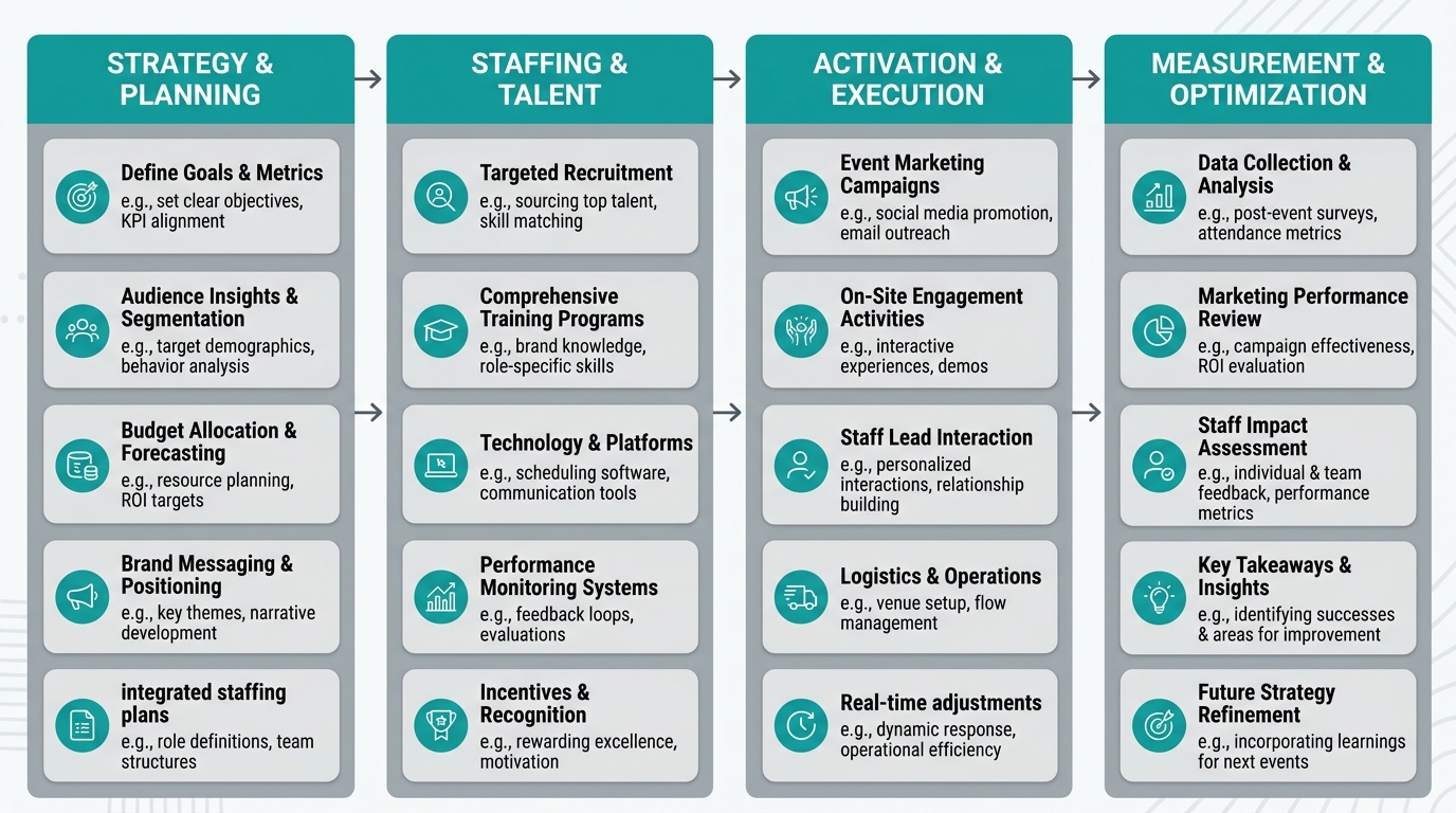 Flow diagram showing four stages of integrated event staffing and marketing synergy: Strategy & Planning, Staffing & Talent, Activation & Execution, and Measurement & Optimization, with connecting arrows in teal and grey.