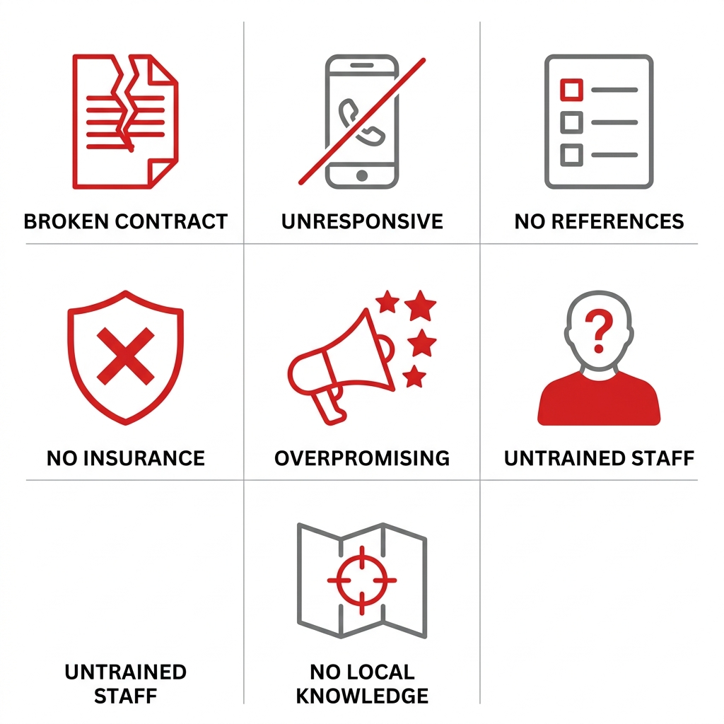 Seven red flag icons for hiring event staffing agencies: broken contract, unresponsive communication, missing references, no insurance, overpromising, untrained staff, and no local market knowledge, displayed in a grid with red and grey outlines.