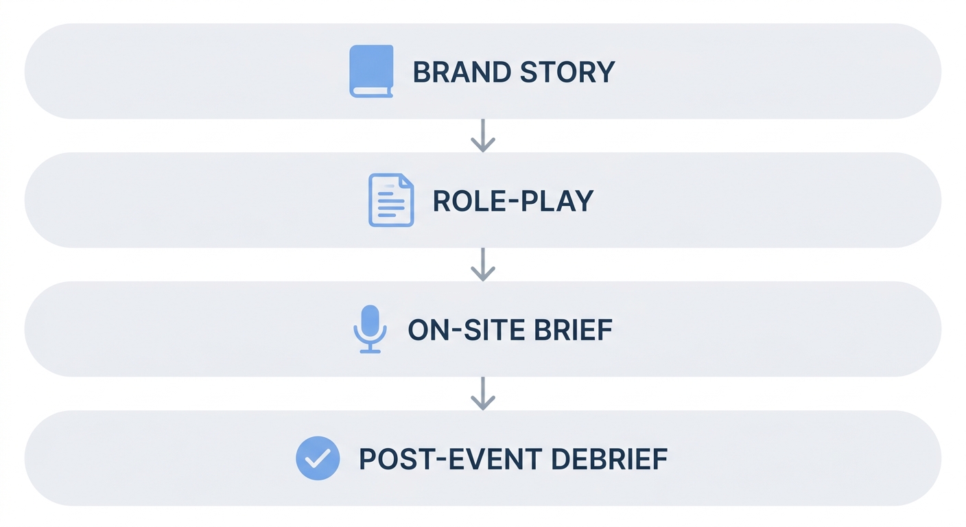 Vertical process flow diagram of Reef Agency event staff training: four steps with icons and labels, from Brand Story to Post-Event Debrief, using blue accents on gray background.