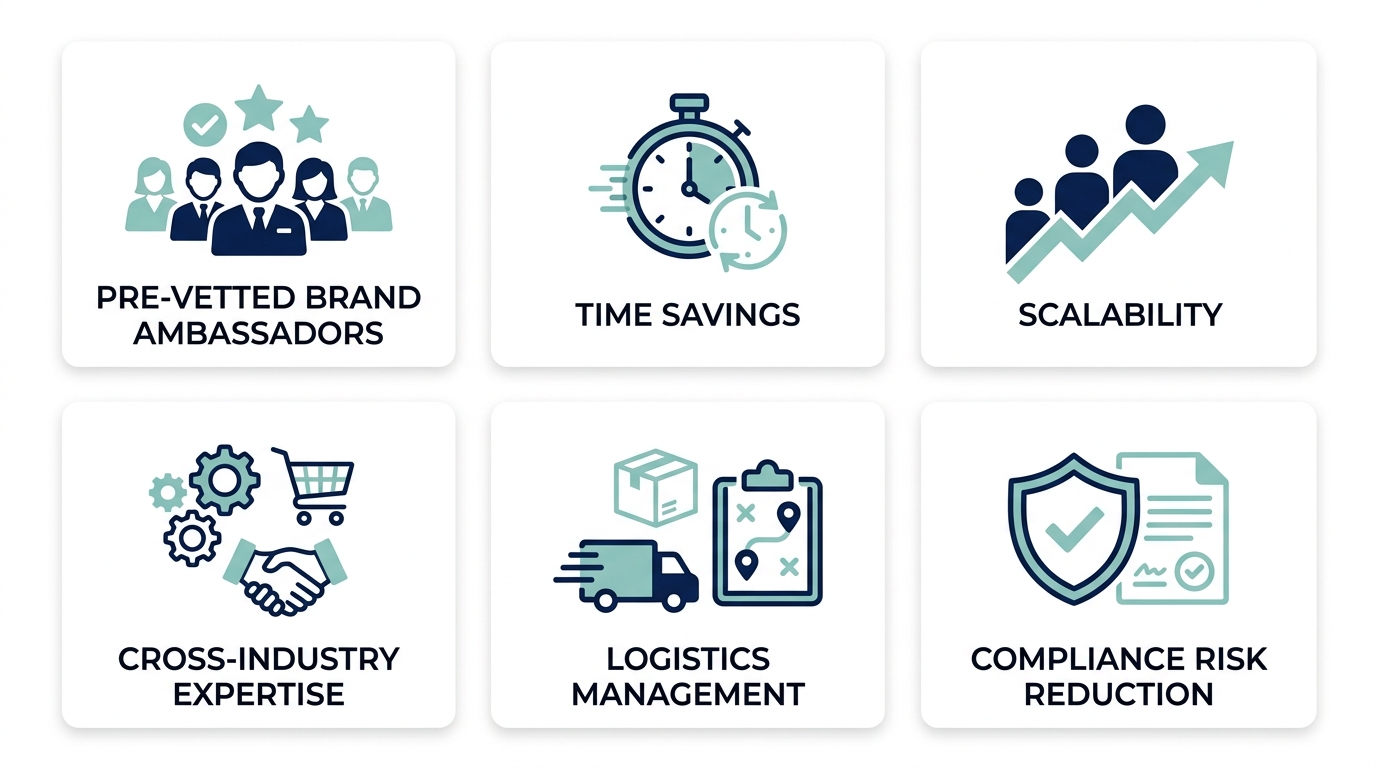 Infographic showing six key benefits of hiring an agency for trade show and product sampling staff, including pre-vetted ambassadors, time savings, scalability, expertise, logistics, and compliance.
