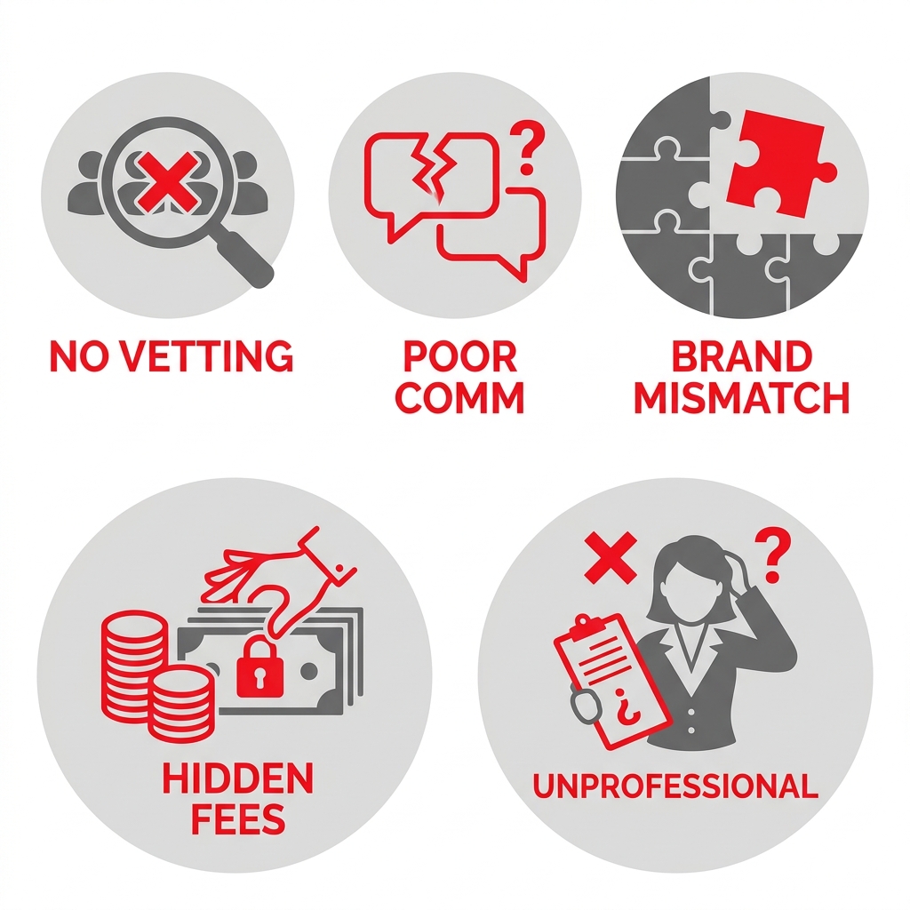Grid of five warning icons for event staffing red flags: no vetting, poor communication, brand misalignment, hidden fees, unprofessional online presence. Red icons on grey circular containers.