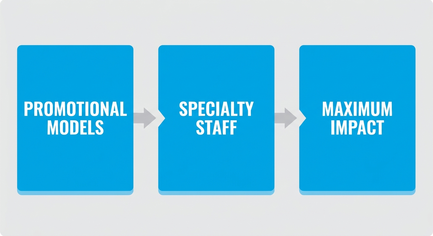 Horizontal process flow showing three stages: Promotional Models, Specialty Staff, and Maximum Impact, with vibrant blue cards and gray arrows representing experiential marketing campaign impact.