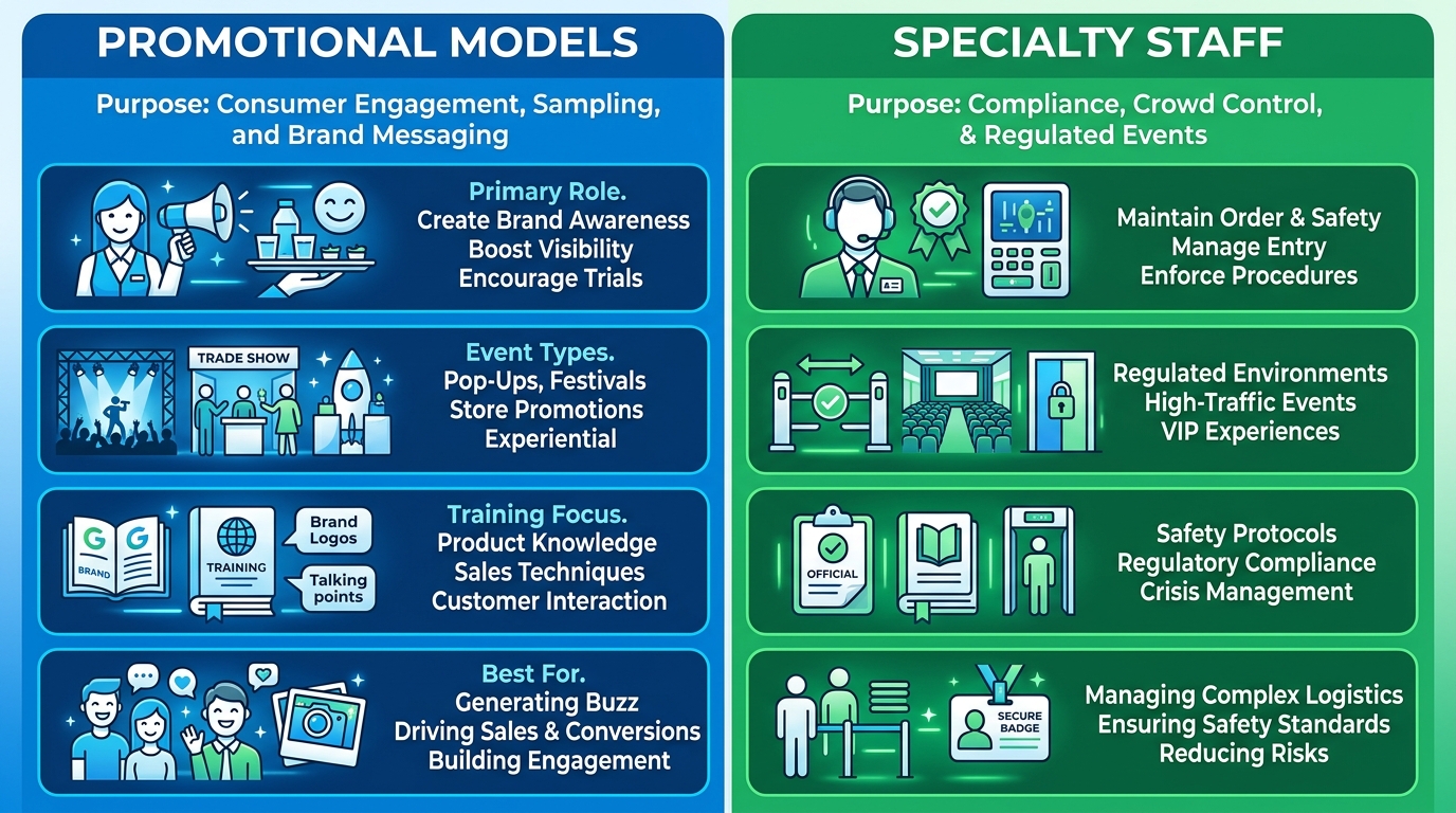 Two-column comparison infographic contrasting Promotional Models and Specialty Staff with icons for engagement, sampling, compliance, and crowd control.