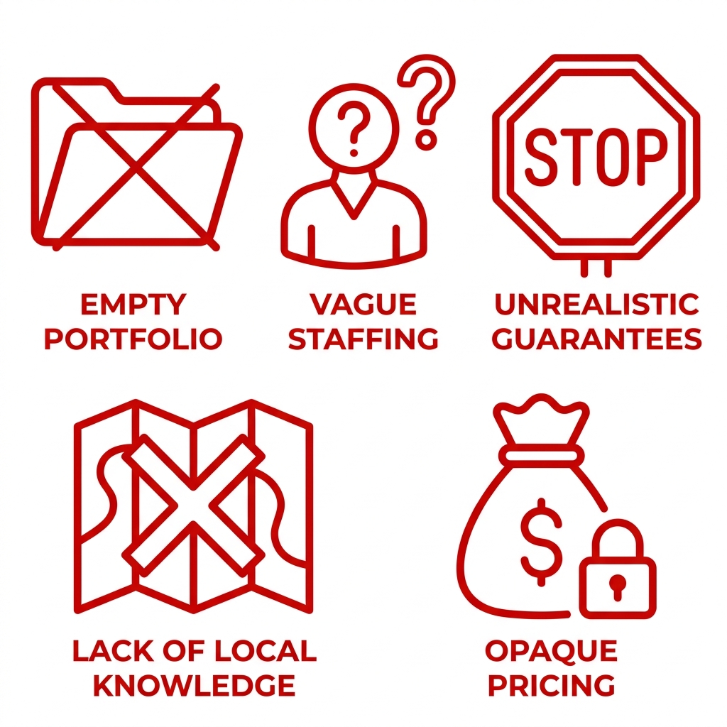 Grid of five red warning icons each labeled below: empty portfolio folder with cross, person with question mark for vague staffing, stop sign for unrealistic guarantees, map with X for lack of local knowledge, money bag with lock for opaque pricing.