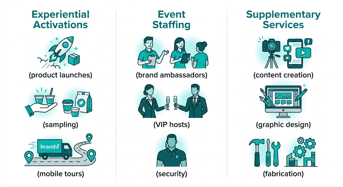 Infographic with three columns: Experiential Activations, Event Staffing, and Supplementary Services for Montreal experiential marketing campaigns by Reef Agency, using teal icons and white background.
