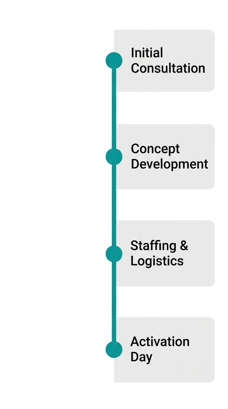 Vertical timeline of Montreal brand activation planning showing four phases: Initial Consultation, Concept Development, Staffing & Logistics, and Activation Day, with teal dots on a teal line and grey text boxes.
