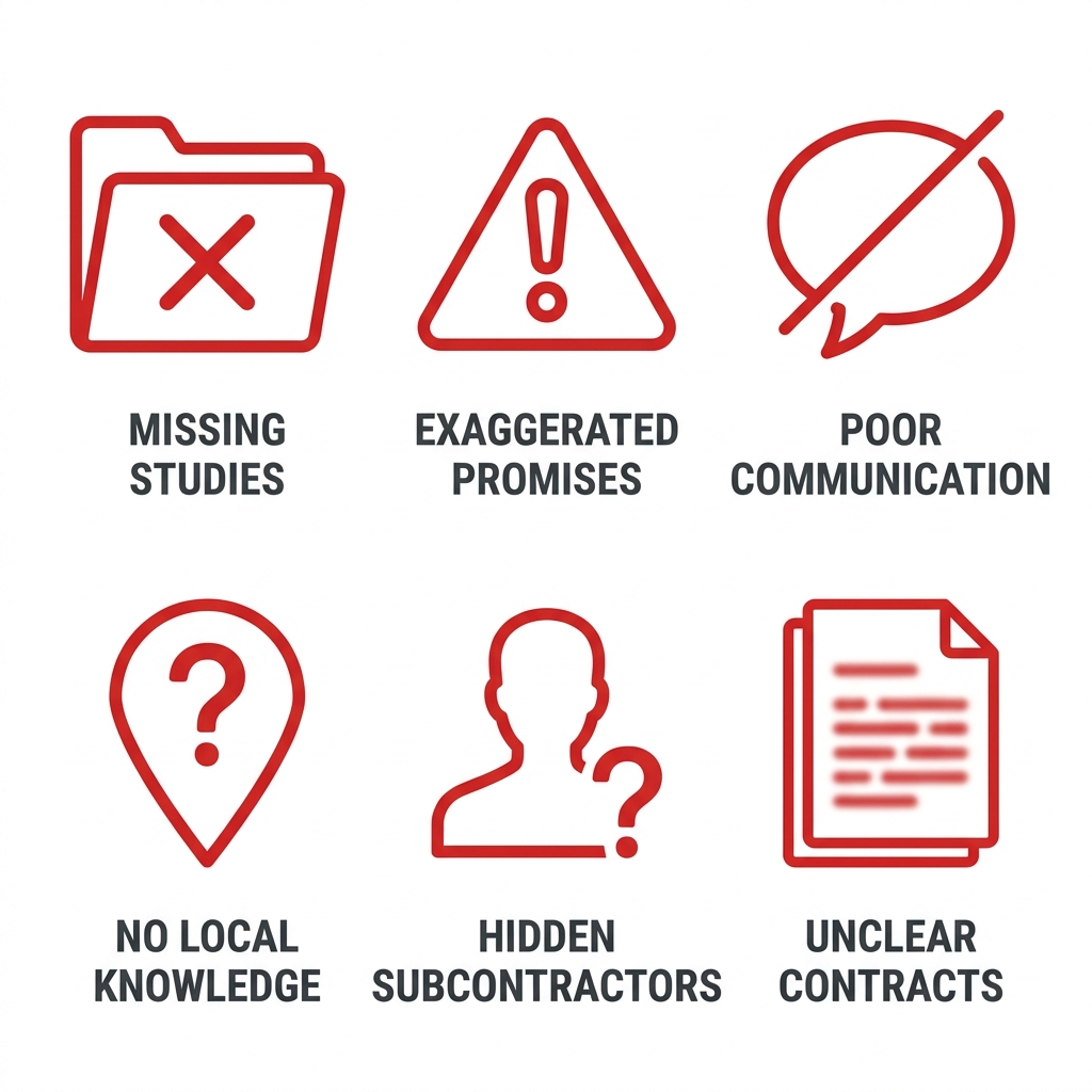 Six red outline warning icons arranged in a two-by-three grid representing red flags when hiring an agency, including missing case studies, exaggerated guarantees, poor communication, lack of local knowledge, hidden subcontractors, and unclear contracts.