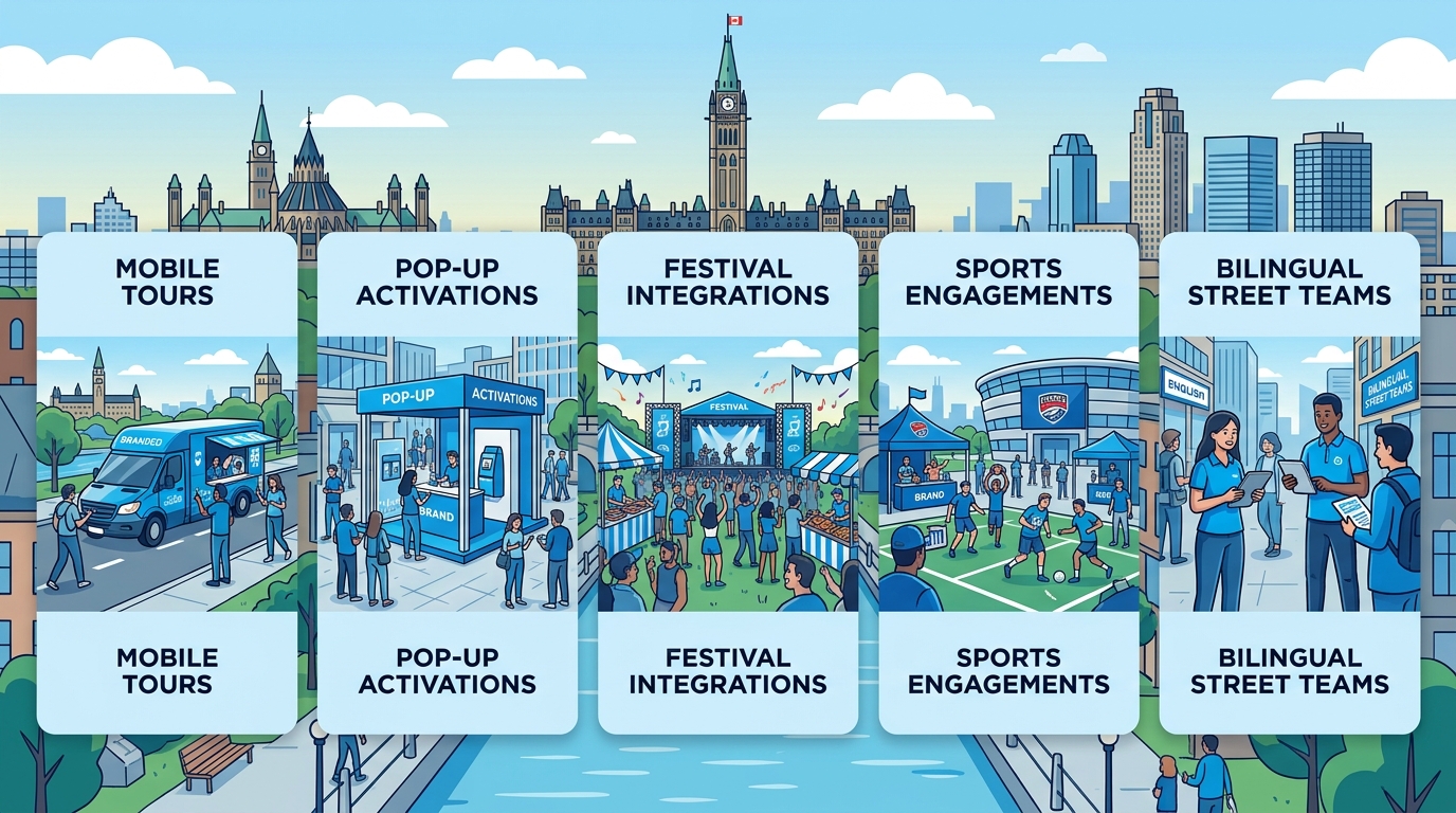 Infographic showing five experiential marketing campaign types for Ottawa: mobile tours, pop-up activations, festival integrations, sports engagements, and bilingual street teams, with brand blue color scheme and Ottawa skyline.