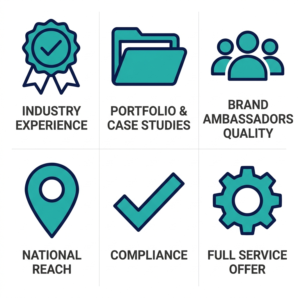 Six flat icons in teal and navy arranged in a two-by-three grid, each representing agency selection criteria including industry experience, portfolio, brand ambassador quality, national reach, regulatory compliance, and full-service offering, with short labels beneath on a white background with subtle grid.
