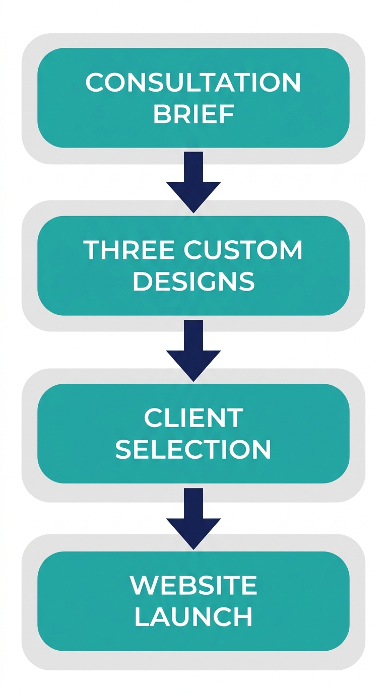 A vertical process flow illustrating four steps for launching a custom website with Monterey Website Design: consultation brief, three custom designs presented, client selection, and website launch.