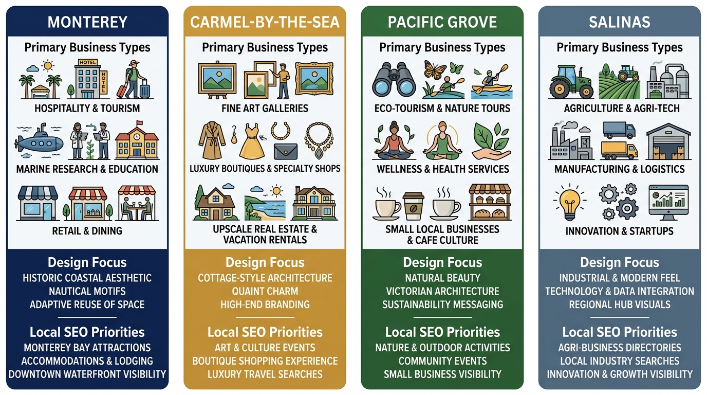 Infographic comparing four Monterey County communities: Monterey, Carmel-by-the-Sea, Pacific Grove, and Salinas, with business types, design focus, and local SEO priorities in a four-column color-coded layout.
