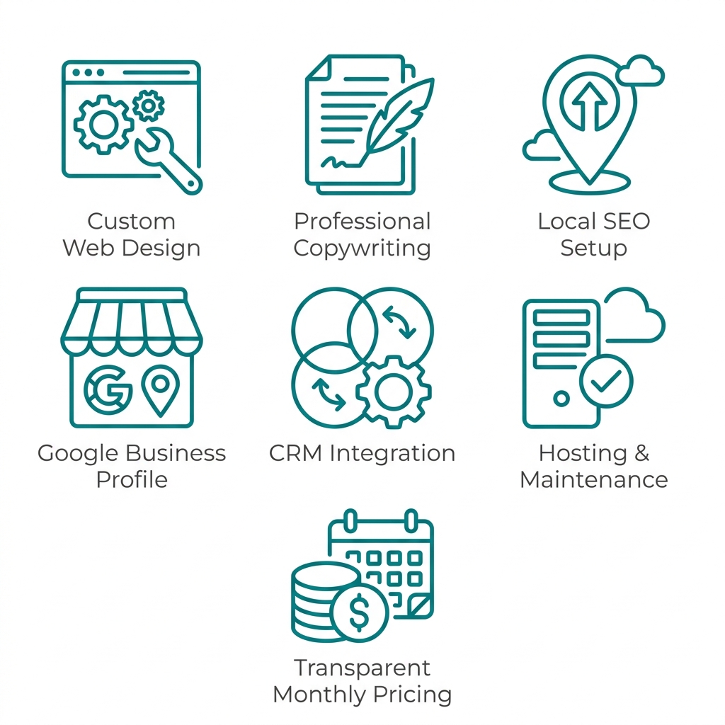 Set of seven outline icons representing web design services: custom web design, copywriting, local SEO, Google Business Profile, CRM integration, hosting and maintenance, and transparent monthly pricing, each with gray labels.
