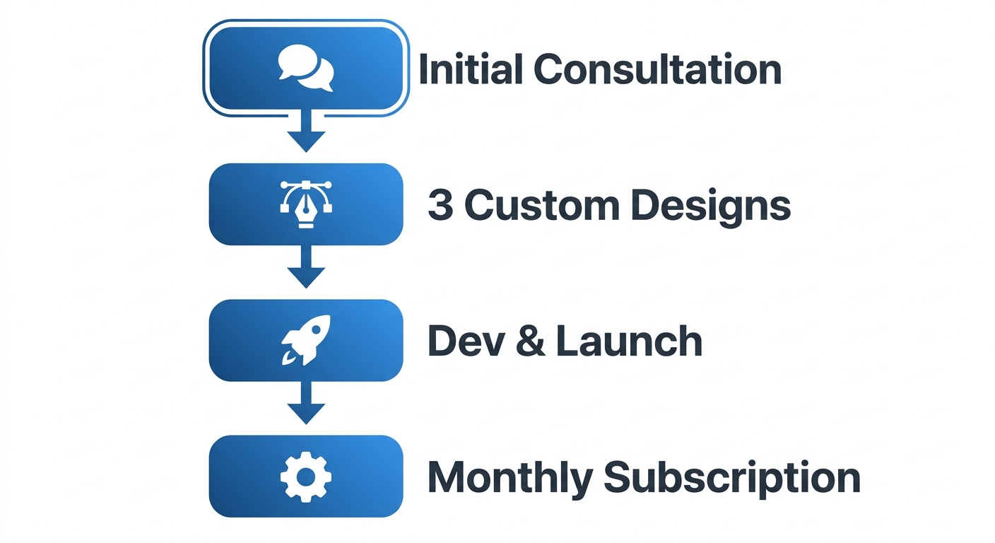Process flow diagram with four vertical stages for website launch: consultation, custom designs, development and launch in one week, monthly subscription. Blue gradient cards with white icons and arrows.